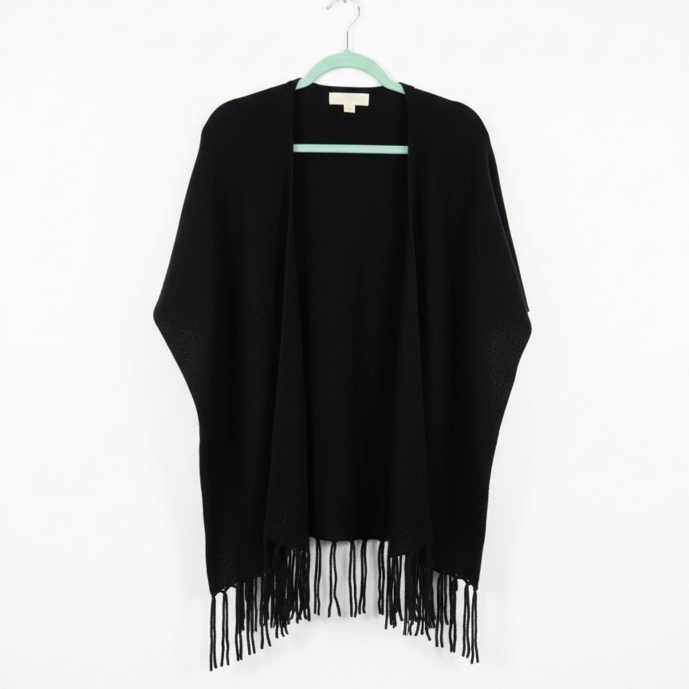 Michael Kors Black Fringe Knit Poncho Shawl Cape Wrap – Women’s Size L